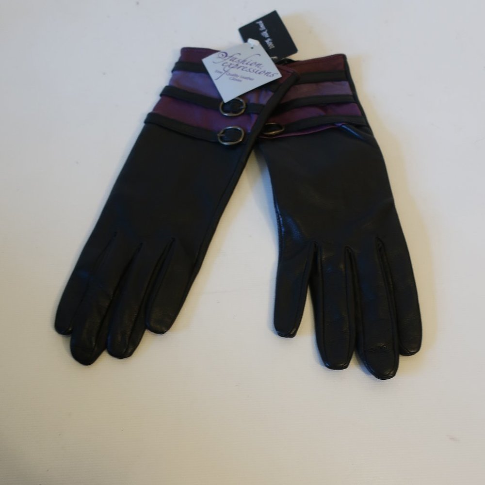 NWT Womens Fashion Expressions Black Purple Buckle Strap Leather Gloves L *